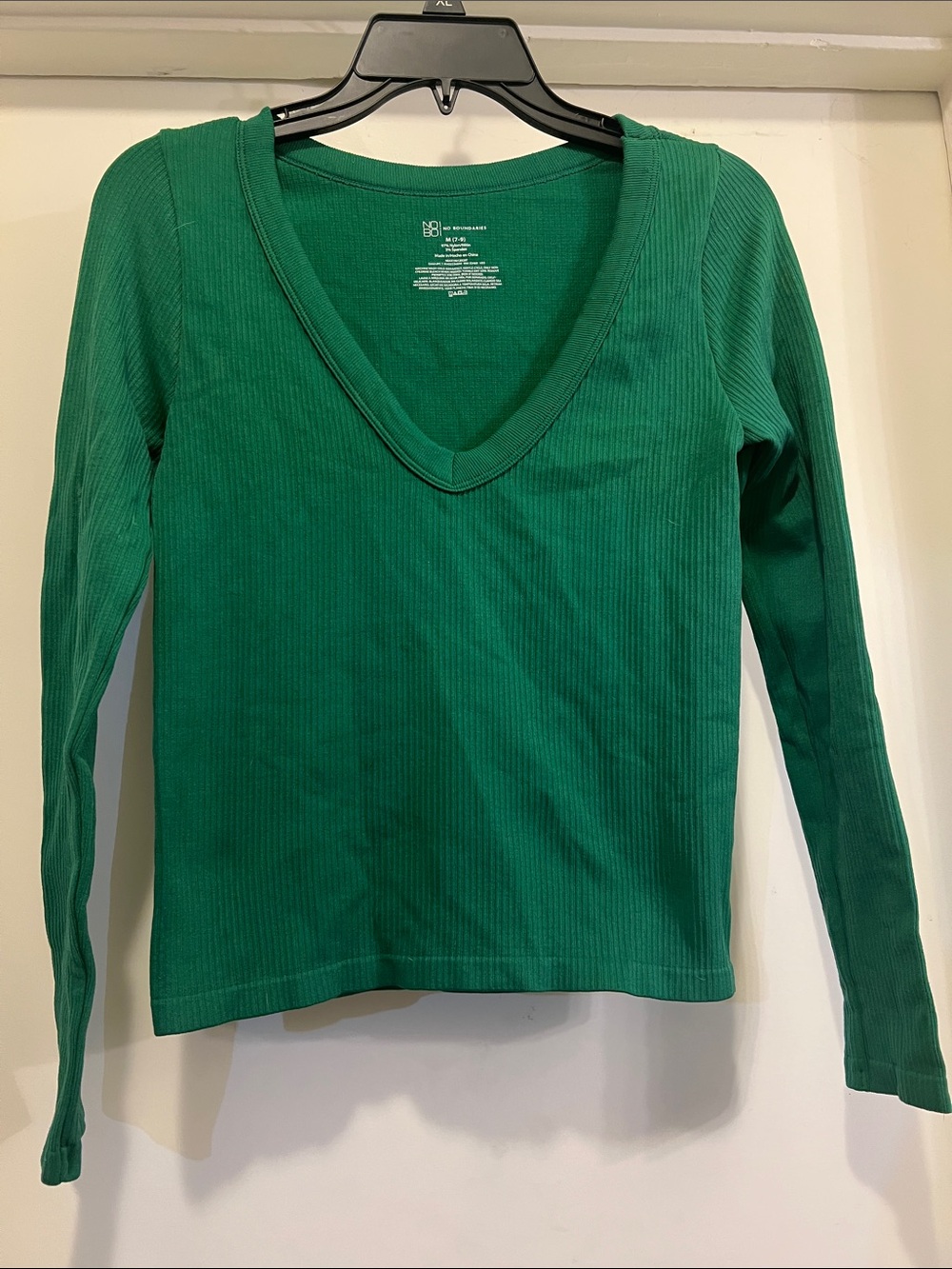 No Boundaries Green Ribbed V-Neck Long Sleeve Top